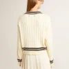 Women's cable-pattern cropped sweater with blue ribbing and crystals