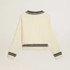 Women's cable-pattern cropped sweater with blue ribbing and crystals