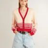 Women's cardigan in cream with red stripes