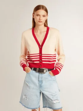 Women’s cardigan in cream with red stripes