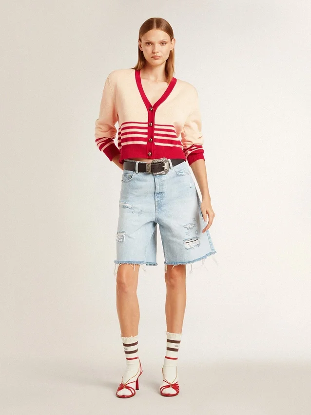 Women's cardigan in cream with red stripes