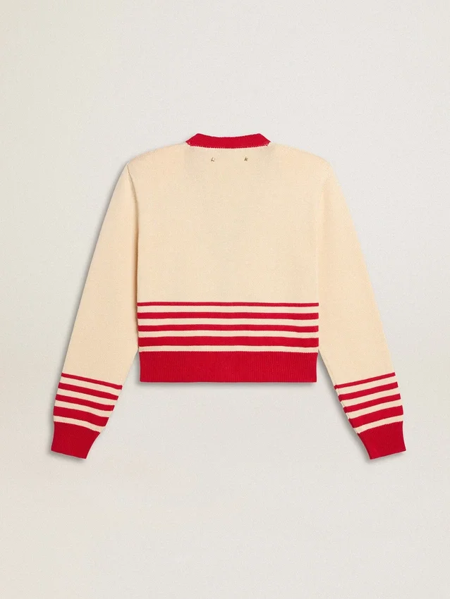 Women's cardigan in cream with red stripes