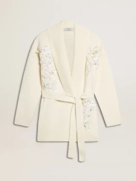 Women's cream-colored cotton cardigan with floral embroidery