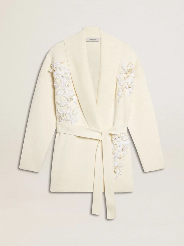 Women's cream-colored cotton cardigan with floral embroidery
