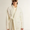 Women's cream-colored cotton cardigan with floral embroidery