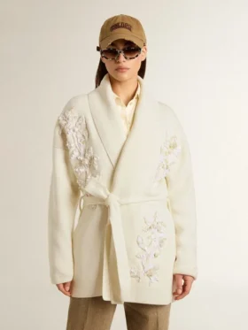 Women’s cream-colored cotton cardigan with floral embroidery