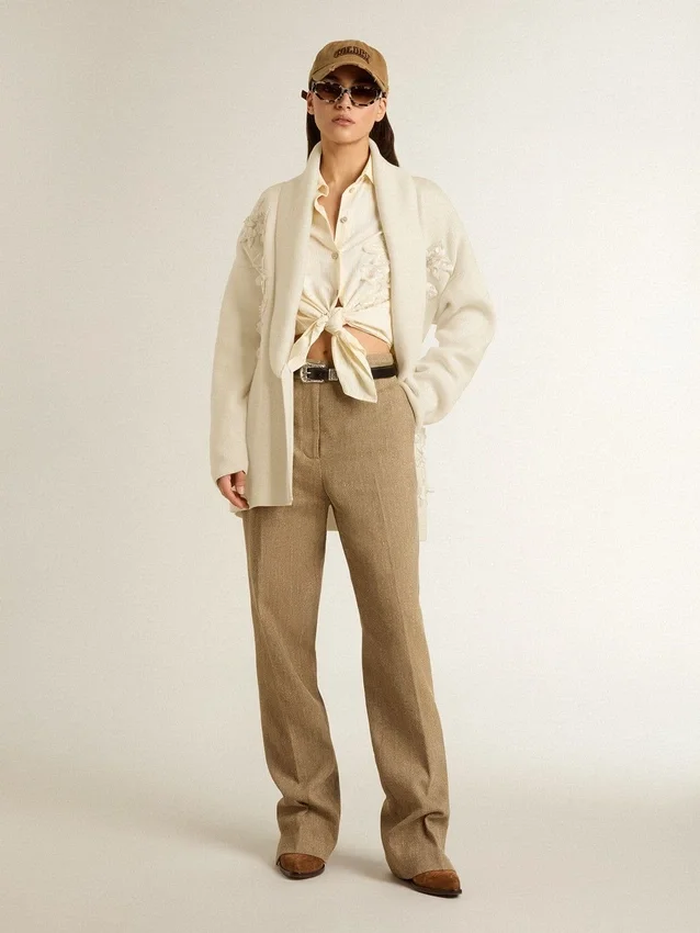 Women's cream-colored cotton cardigan with floral embroidery