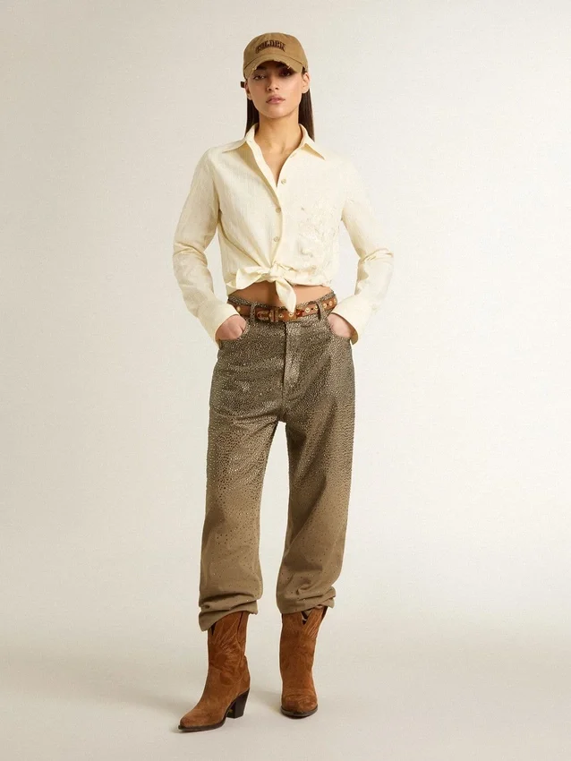 Women's cream-colored cotton shirt with floral embroidery