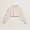 Women's cream cotton cropped sweatshirt with crystals on the front