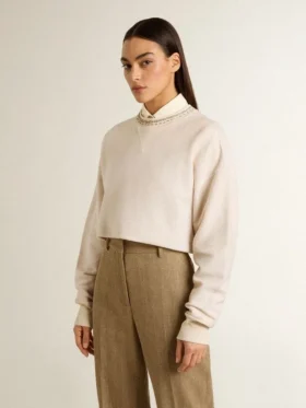 Women’s cream cotton cropped sweatshirt with crystals on the front