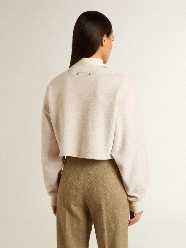 Women's cream cotton cropped sweatshirt with crystals on the front