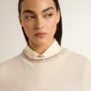 Women's cream cotton cropped sweatshirt with crystals on the front