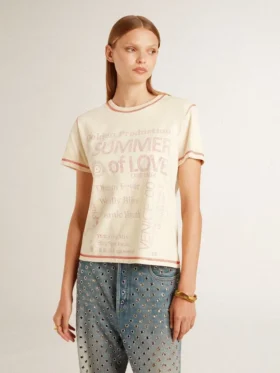 Women’s cream T-shirt with faded red accents