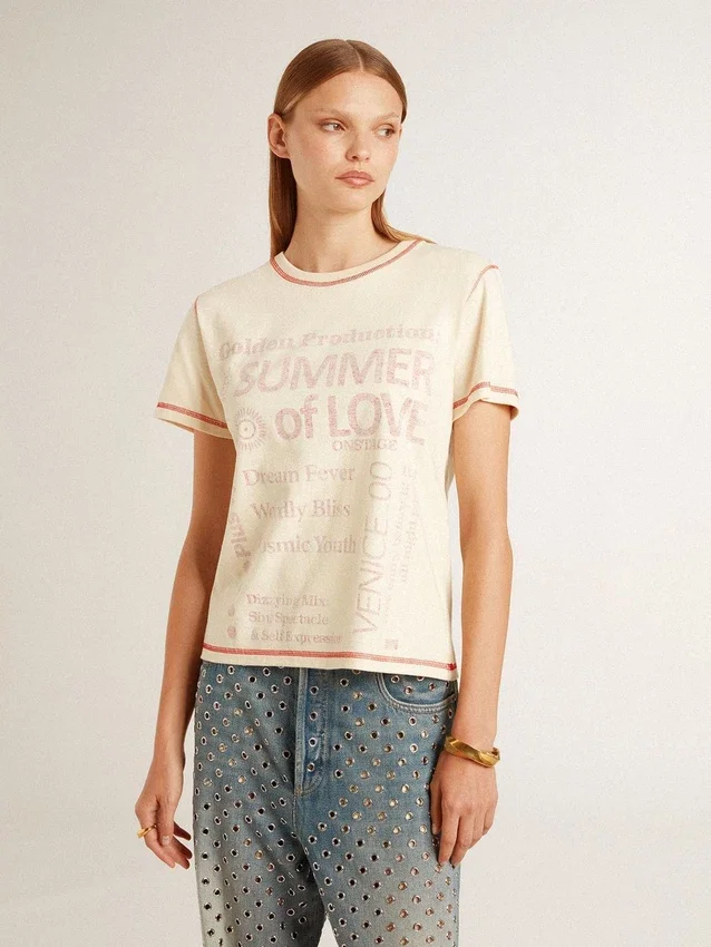 Women's cream T-shirt with faded red accents