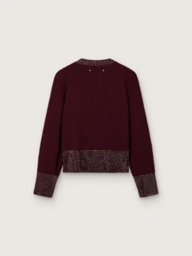Women’s crew-neck sweater in burgundy wool with rhinestone embroidery