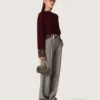 Women's crew-neck sweater in burgundy wool with rhinestone embroidery