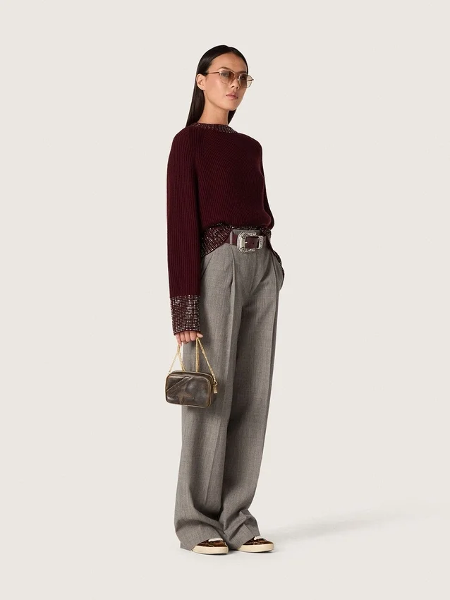 Women's crew-neck sweater in burgundy wool with rhinestone embroidery