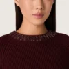 Women's crew-neck sweater in burgundy wool with rhinestone embroidery
