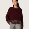 Women's crew-neck sweater in burgundy wool with rhinestone embroidery