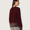 Women's crew-neck sweater in burgundy wool with rhinestone embroidery