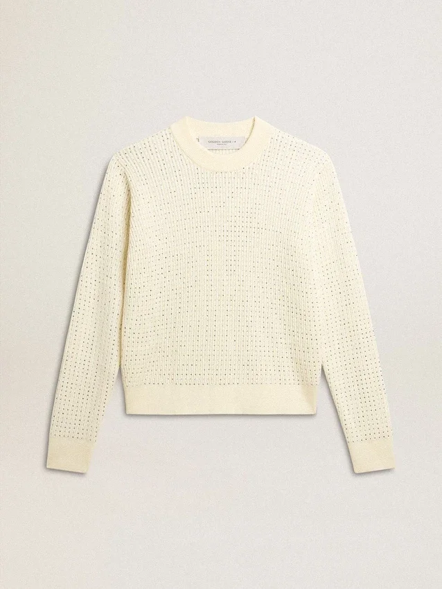 Women's crew-neck sweater in white merino wool with all-over crystals