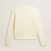 Women's crew-neck sweater in white merino wool with all-over crystals