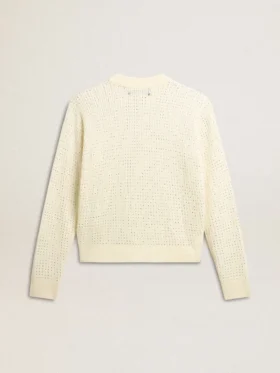 Women’s crew-neck sweater in white merino wool with all-over crystals