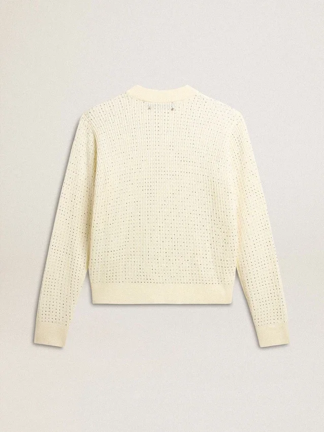 Women's crew-neck sweater in white merino wool with all-over crystals