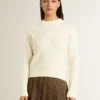 Women's crew-neck sweater in white merino wool with all-over crystals