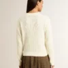 Women's crew-neck sweater in white merino wool with all-over crystals