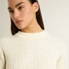 Women's crew-neck sweater in white merino wool with all-over crystals