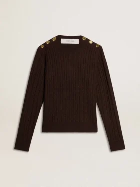 Women's crew-neck sweater in wool blend with gold buttons