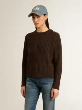 Women’s crew-neck sweater in wool blend with gold buttons