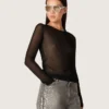 Women's crew-neck sweater with black floral jacquard pattern