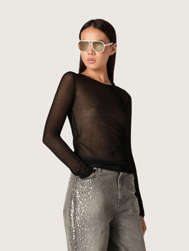Women's crew-neck sweater with black floral jacquard pattern
