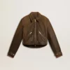 Women’s cropped brown leather biker jacket with zip