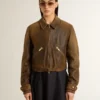 Women’s cropped brown leather biker jacket with zip