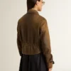 Women’s cropped brown leather biker jacket with zip