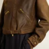 Women’s cropped brown leather biker jacket with zip