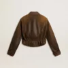 Women’s cropped brown leather biker jacket with zip