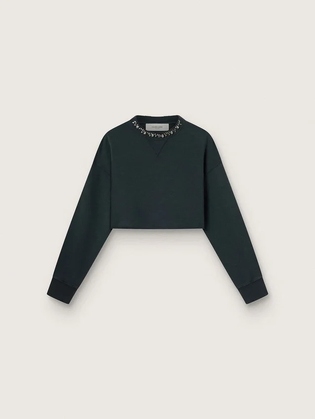 Women's cropped cotton sweatshirt with crystals on the front