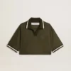 Women's cropped polo in military-green jersey with embroidery