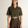 Women's cropped polo in military-green jersey with embroidery