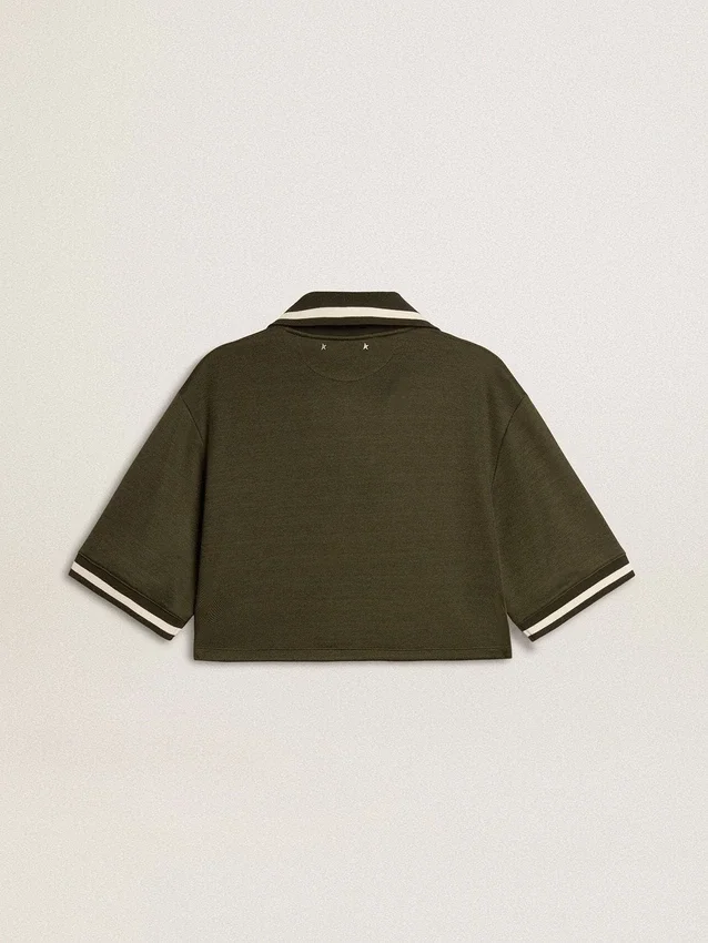 Women's cropped polo in military-green jersey with embroidery