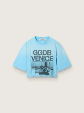 Women’s cropped T-shirt in light blue cotton jersey with graphic print