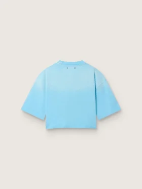Women’s cropped T-shirt in light blue cotton jersey with graphic print