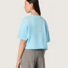 Women’s cropped T-shirt in light blue cotton jersey with graphic print