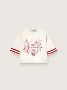 Women's cropped T-shirt in white cotton with print and embroidery