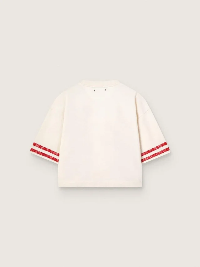 Women's cropped T-shirt in white cotton with print and embroidery