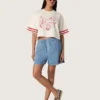Women's cropped T-shirt in white cotton with print and embroidery
